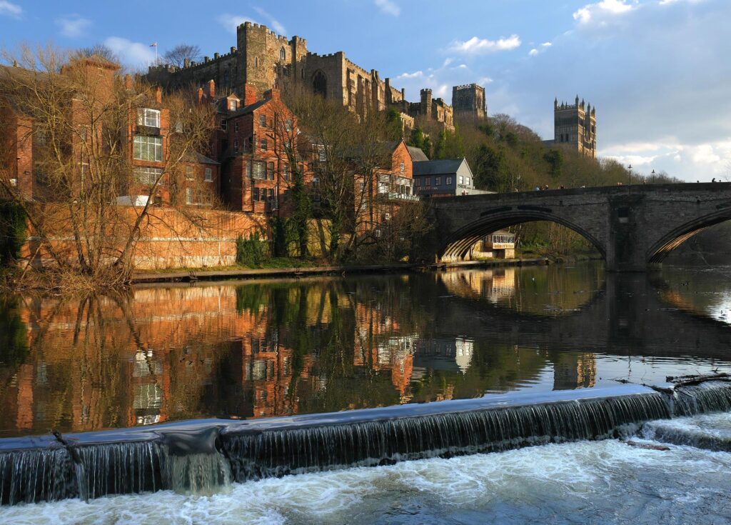 Durham City UK, a view of the River Wear and a castle in the background