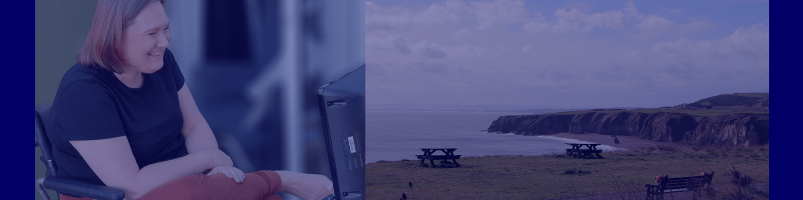 image of a smiling woman sat in a wheelchair, facing a computer monitor, next to an image of a view of the sea. the whole image has a navy-blue filter over it